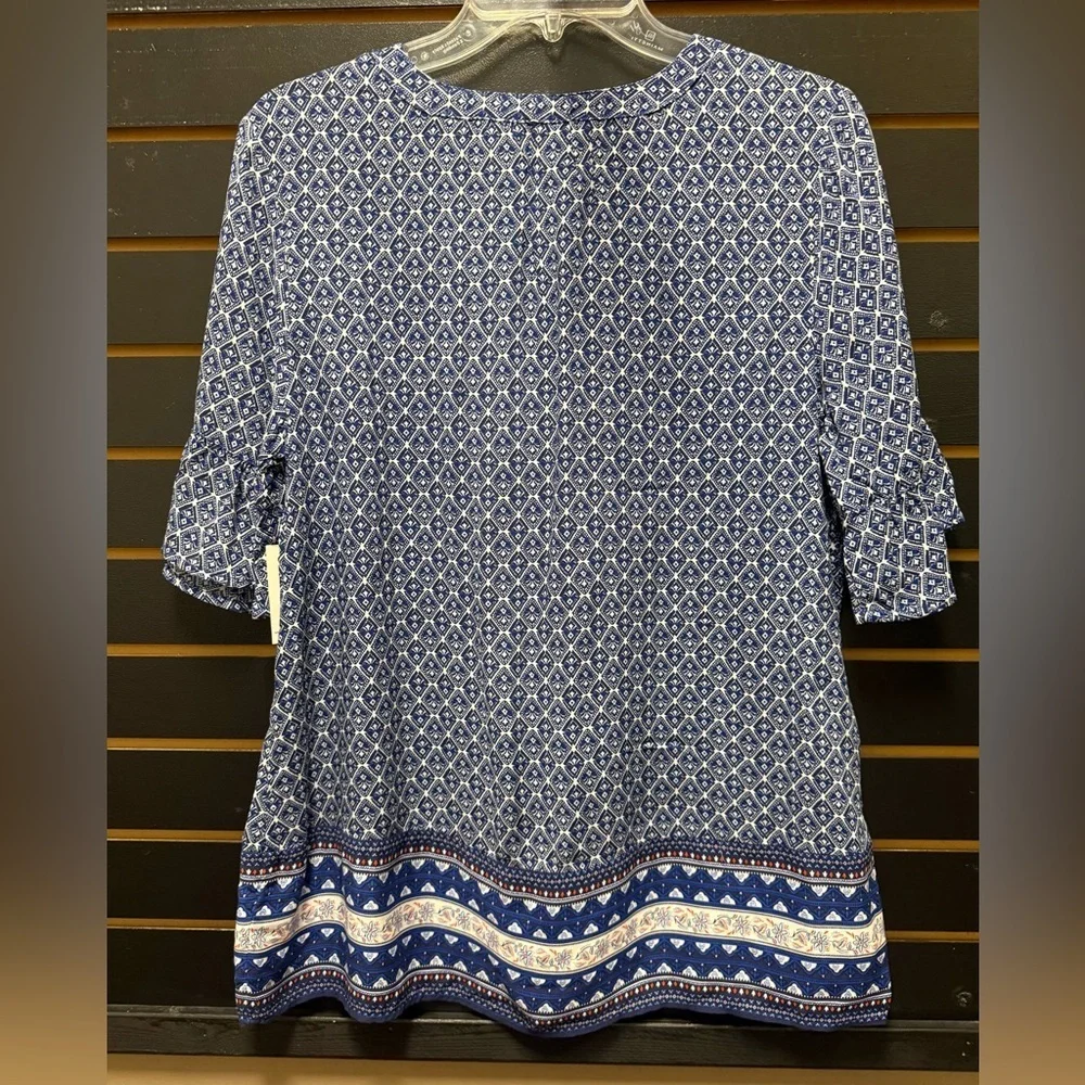 Old Navy Blue White Geometric Tie Neck Short Sleeve Top Size M NWT